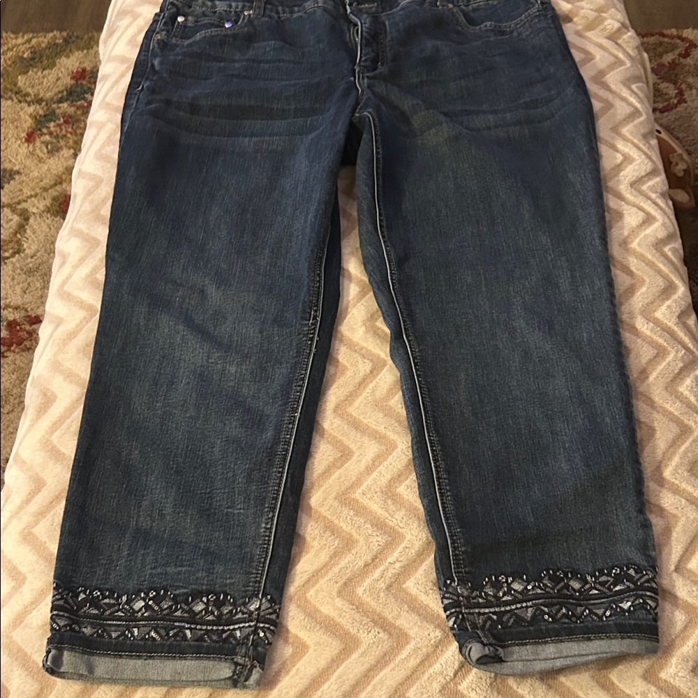 CJ Banks Blue Cropped Jeans with Embroidery Size 18P